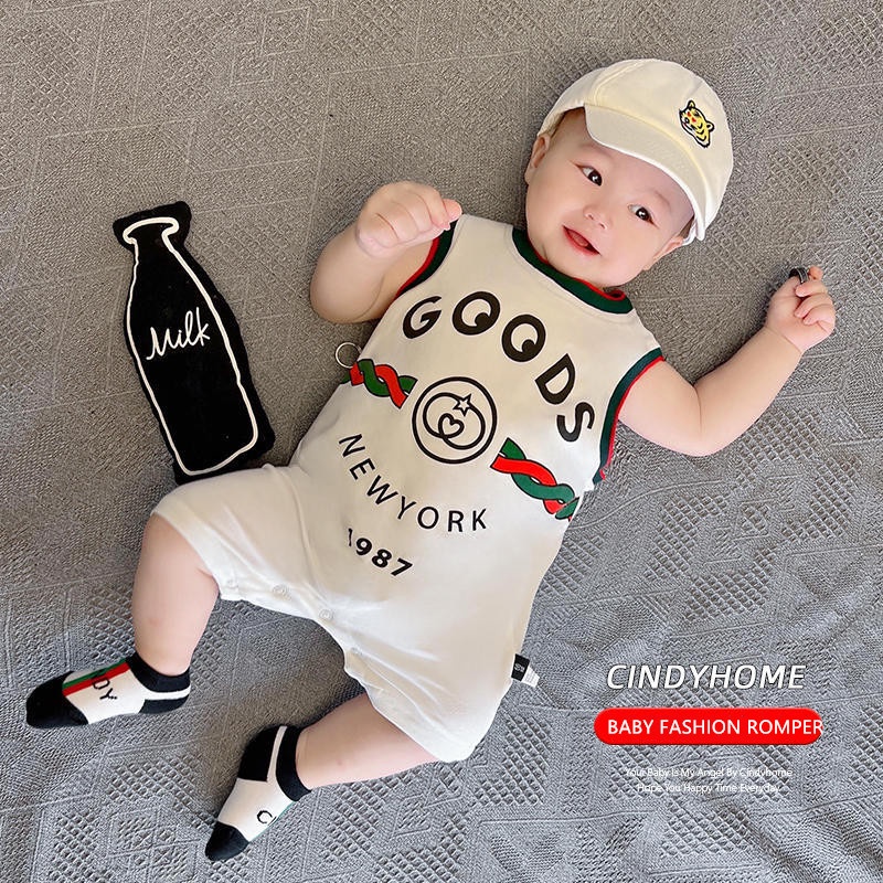 Bộ Áo Liền Quần Bằng Cotton Không Tay In Chữ Thời Trang Mùa Hè Dành Cho Bé Sơ Sinh