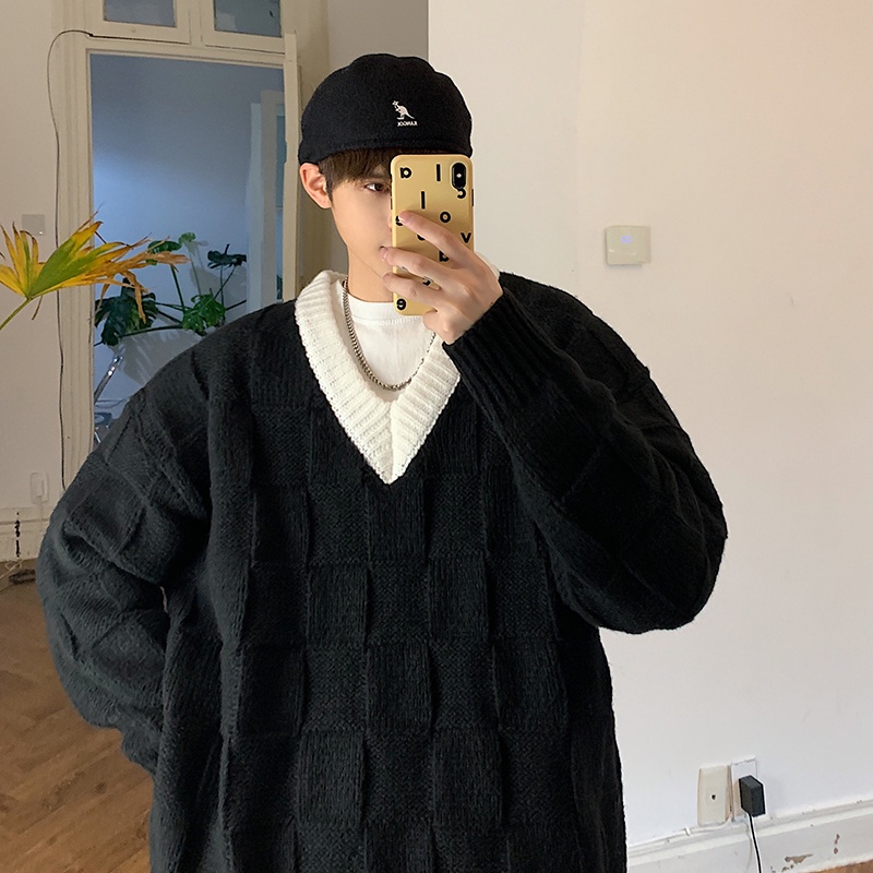 Áo len cổ chữ V dáng rộng màu trơn phong cách Nhật Bản thời trang mùa thu cho nam size M-2XL