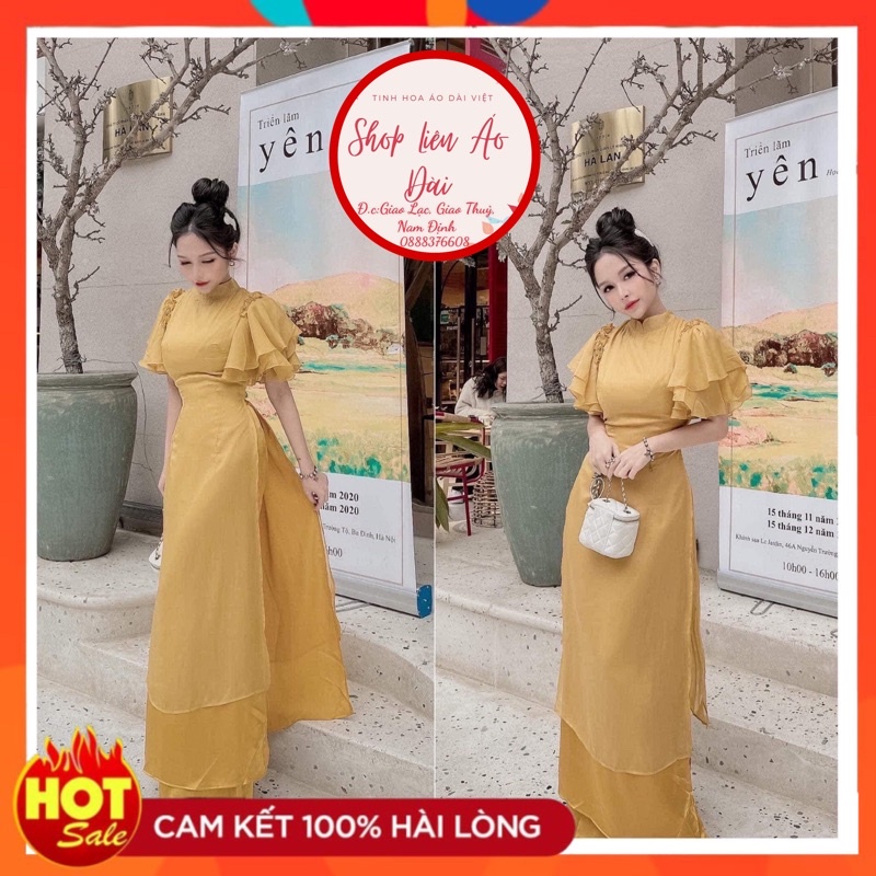 ❈Áo dài vàng tơ óng 4 tà, tà lệch cao thấp, tay thiết kế kiểu cánh tiên, cổ truyền thốngp