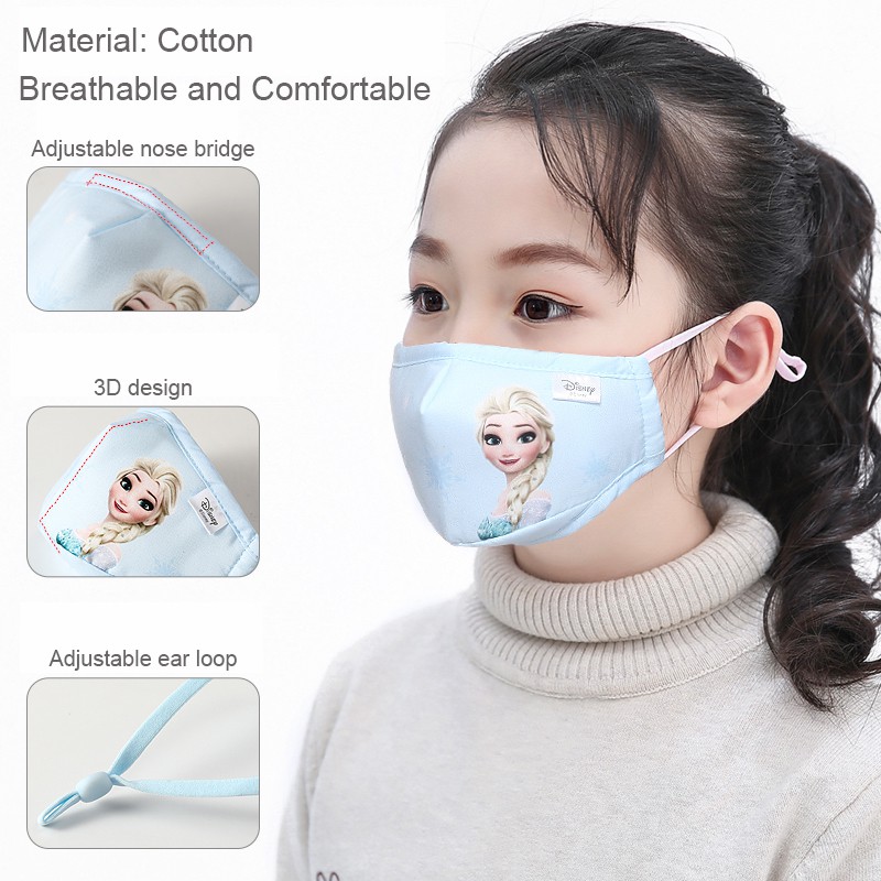 Khẩu trang bé trai, bé gái Disney Spider Man/Elsa，Khẩu trang vải Elsa 3 lớp, dây rút điều chỉnh độ rộng