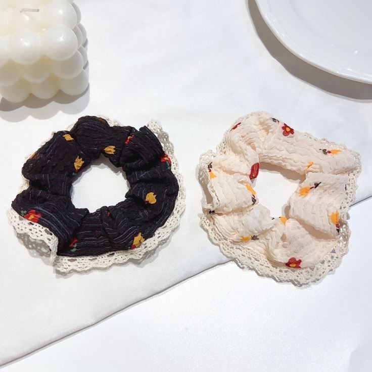 Scrunchies Cột Tóc LIN Họa Tiết Hoa Viền Ren