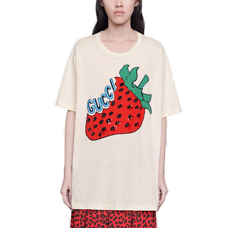 Áo Thun Cotton Tay Ngắn Dáng Rộng In Họa Tiết Gucci Và Dâu Tây Thời Trang Xuân Hè 19 Cho Nữ