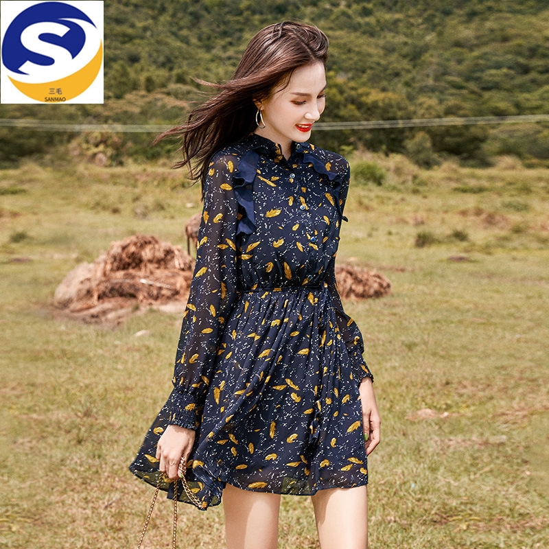 Đầm Voan Dài Tay In Họa Tiết Xinh Xắn Theo Phong Cách Hàn Quốc Dành Cho Nữ