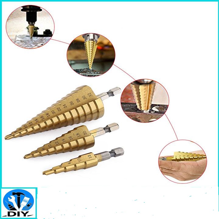 Bộ 3 Mũi Khoan Tháp Thẳng Thép Gió HSS Mạ Titan 4-32mm Khoan Nhôm, Nhựa, Gỗ