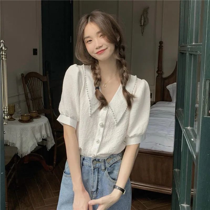 Áo Sơ Mi Chiffon Tay Phồng Cổ Búp Bê Màu Trắng Thời Trang Mùa Hè Ngọt Ngào Dành Cho Bạn Nữ