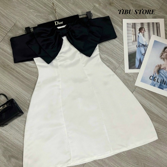 Đầm trễ vai ullzzang TIBU, Váy trễ vai nơ ngực chất tafta dự tiệc đi chơi siêu xinh
