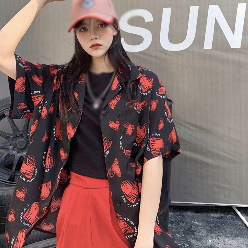 Áo Sơ Mi Voan Tay Ngắn Dáng Rộng In Hình Trái Tim Xinh Xắn Hợp Thời Trang