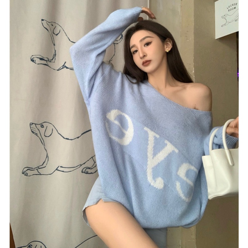 Áo Sweater Dệt Kim Tay Dài Dáng Rộng In Chữ Thời Trang
