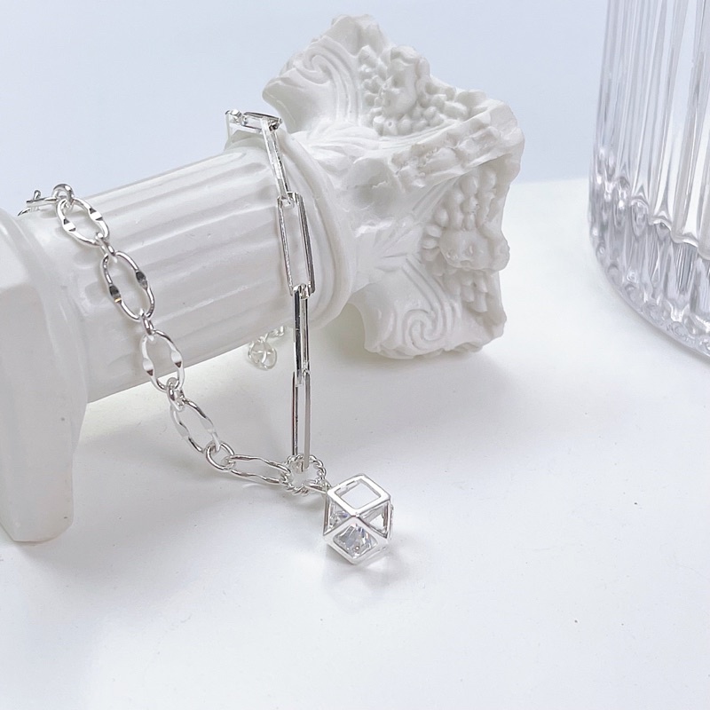 Lắc tay bạc nữ đai xích charm lập phương tâm pha lê cá tính LT012 - Cam kết chuẩn bạc | BigBuy360 - bigbuy360.vn