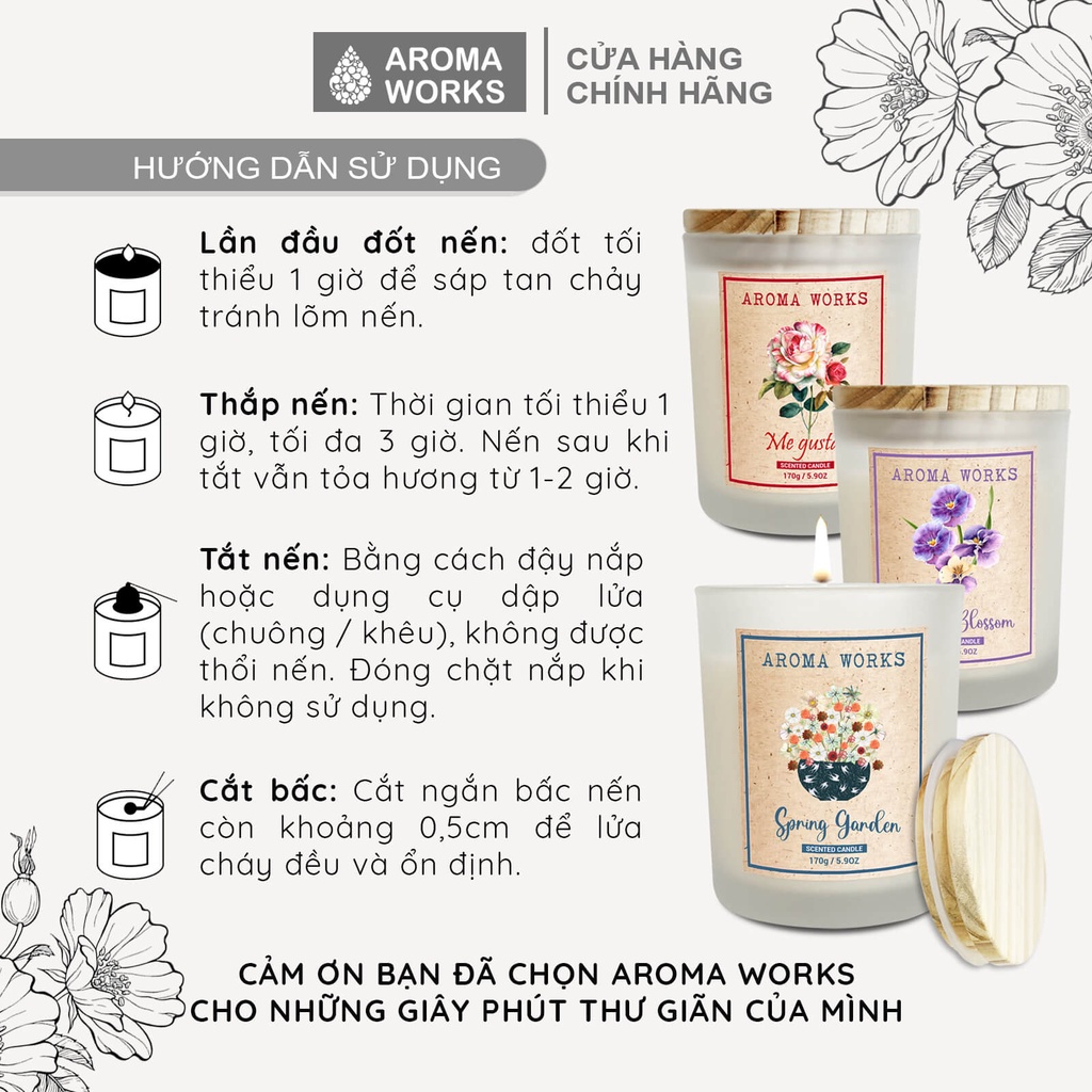 Nến Thơm Phòng Aroma Works Tinh Dầu Thiên Nhiên Không Khói 170g