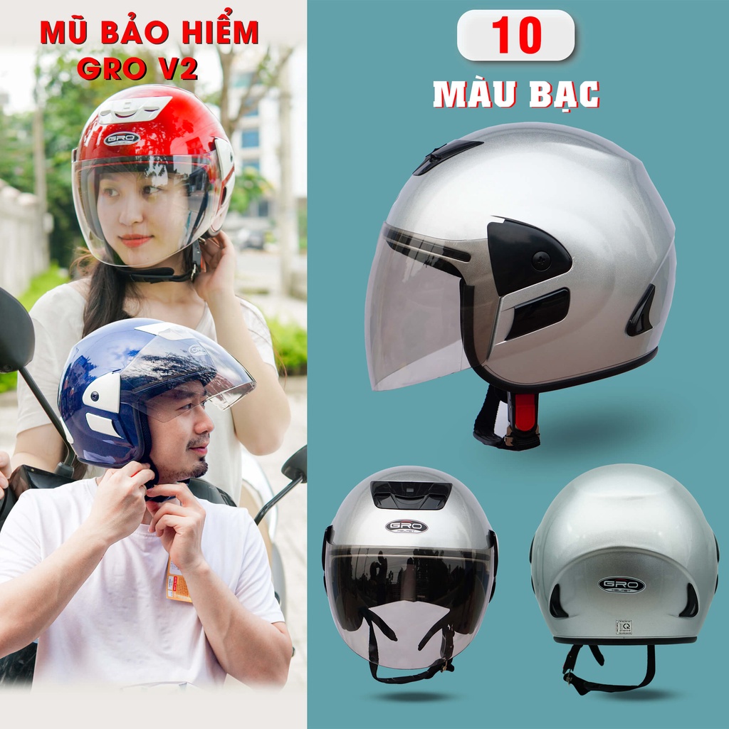 Mũ Bảo Hiểm 3/4 đầu GRO Helmet V2 có kính dài, kiểu dáng trẻ trung cho nam và nữ, khóa kim loại chắc chắn - Màu Bạc