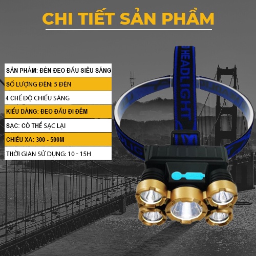 Đèn Đeo Đầu 5 Bóng Siêu Sáng 4 Chế Độ Chiếu Xa, Rộng, Nháy Đèn, Đèn Pin Đội Đầu Chống Nước Tiện Dụng