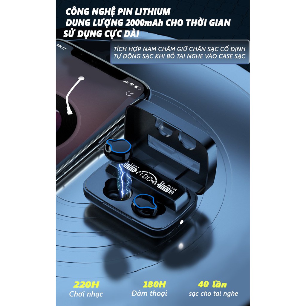 Tai Nghe Không Dây M9 Bluetooth 5.0 Tích Hợp Đèn Flash + Mic Trong Tai Với Âm Thanh HIFI