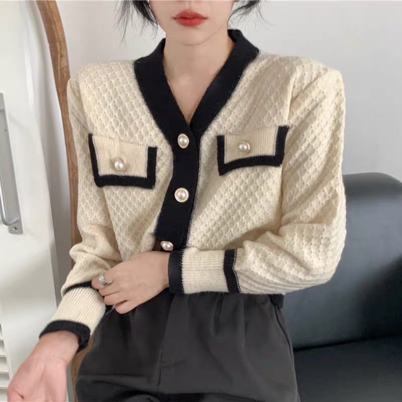 Áo len dệt kim nữ mắt lưới cài cúc màu trắng đen dài tay tiểu thư nữ tính sang chảnh Hàn Quốc loại 1