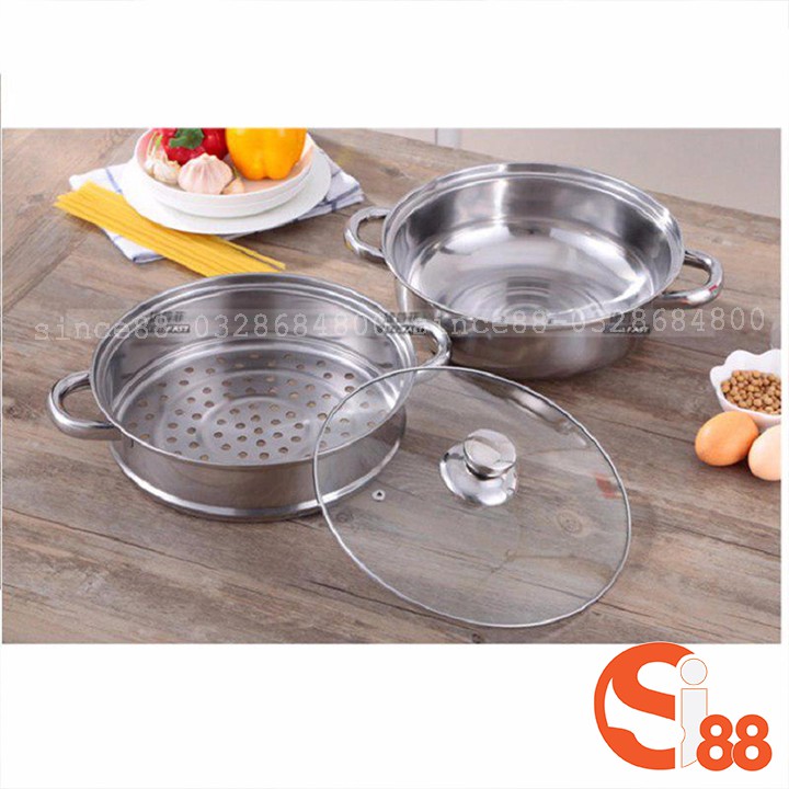 Nồi Hấp Inox 2 Tầng Size 28cm, Nồi Lẩu Nồi Hấp 2 Tầng Đa Năng DT04