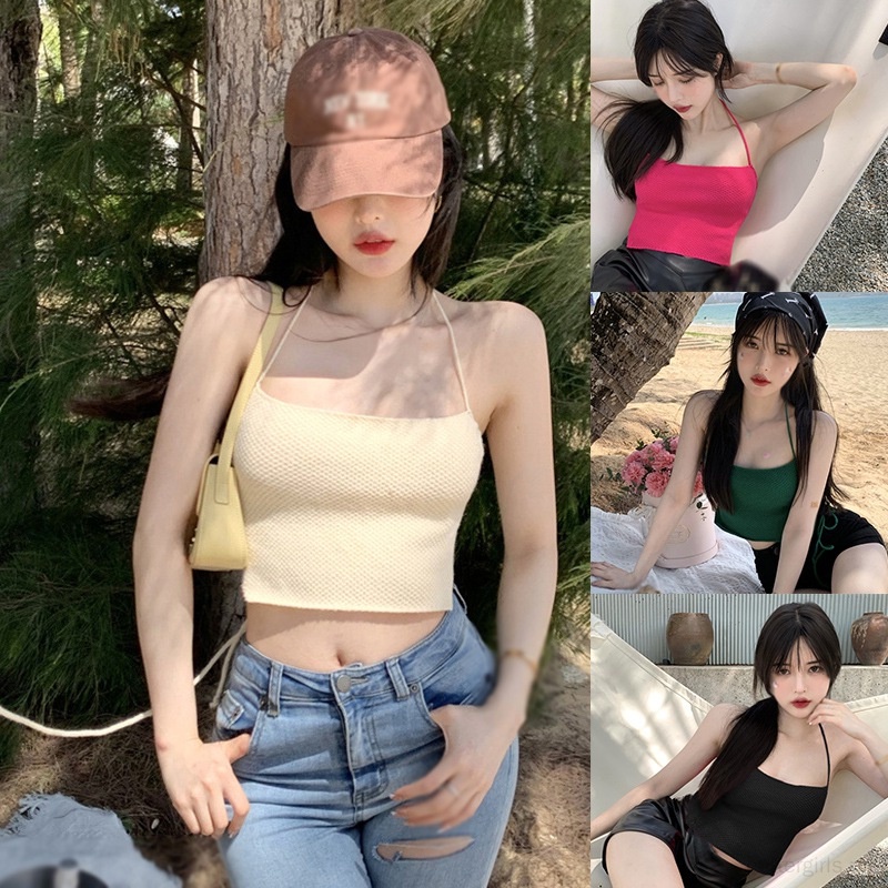 Áo Croptop Dệt Kim Hở Lưng Cột Dây Màu Trơn Thời Trang Mùa Hè Cho Nữ