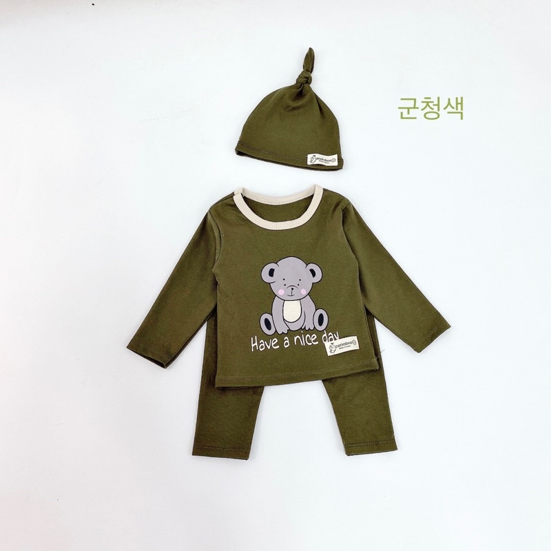 Bộ gấu kèm mũ chất cotton Hàn cao cấp co giãn 4 chiều