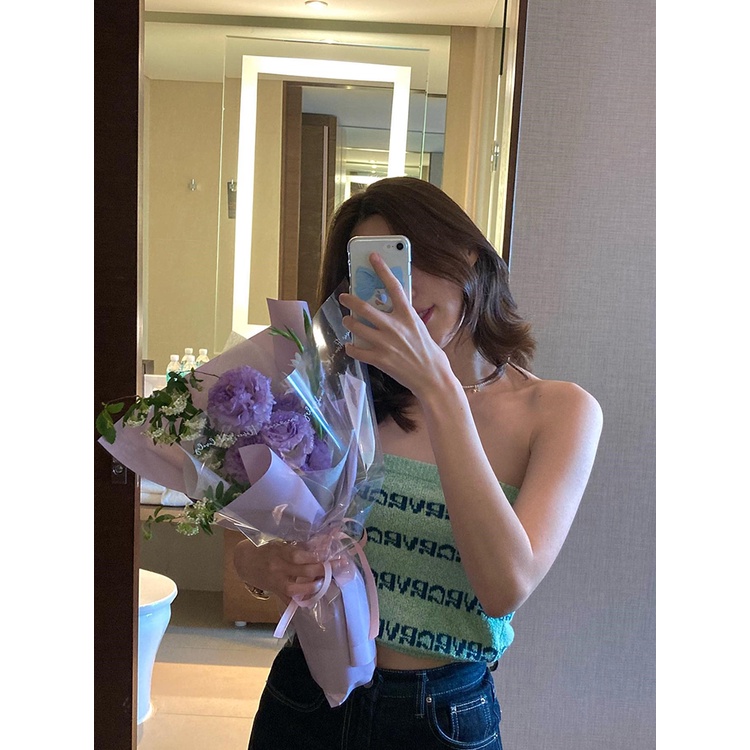 Porozi  Áo croptop ống  dệt kim in chữ thời trang Hàn Quốc cho nữ