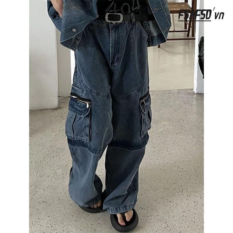 Quần Yếm Denim Dáng Rộng Phối Khóa Kéo Cá Tính