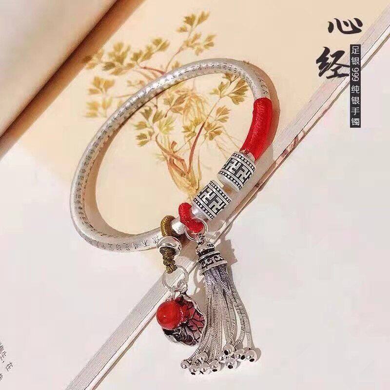 Vòng Tay Bạc 999 Kiểu Dây Tua Rua Mặt Hình Hoa Sen / Trái Tim Phong Cách Dân Tộc Xinh Xắn Cho Nữ