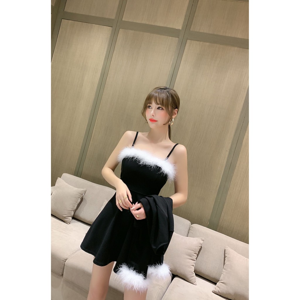 #O44 SET Váy sexy hai dây kết hợp với áo choàng tay lông hàng - Silverorder