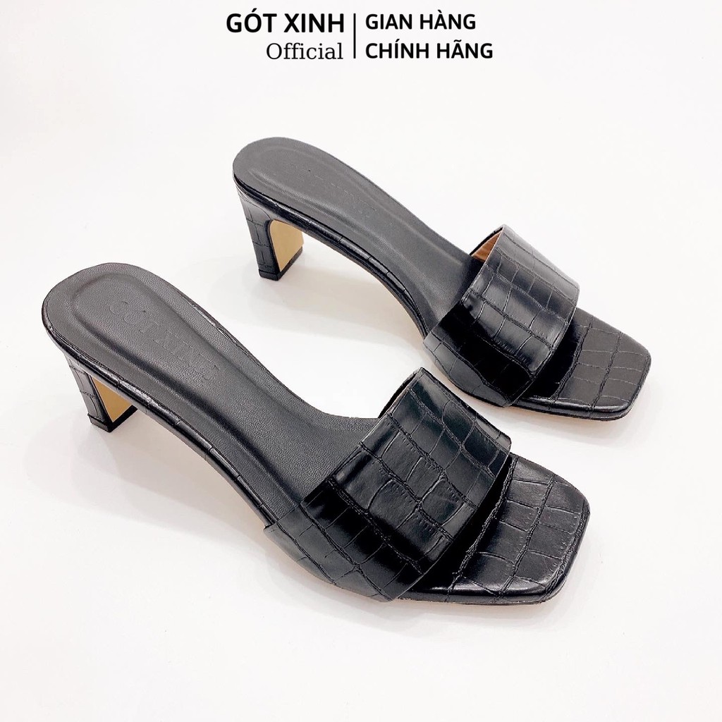 Dép cao gót nữ GÓT XINH D21 màu kem quai ngang dập vân da rắn đế cao 4cm
