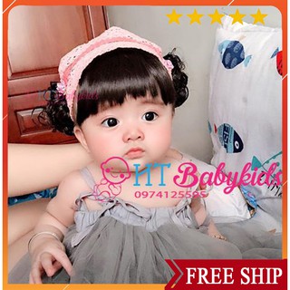 [ RẺ VÔ ĐỊCH ] - Băng Đô Tóc Giả Cho Bé Gái Họa Tiết Hồng Cam - CÓ HÌNH THẬT