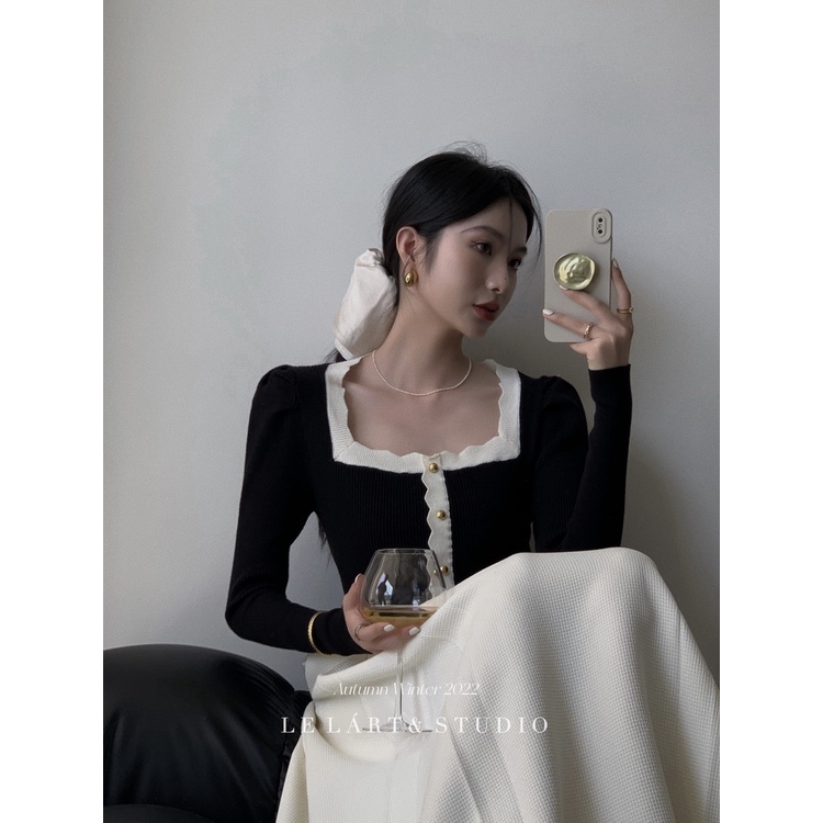 Áo Sweater Dệt Kim Tay Phồng Dài Cổ Vuông Màu Trơn Thời Trang Hàn Quốc Cho Nữ