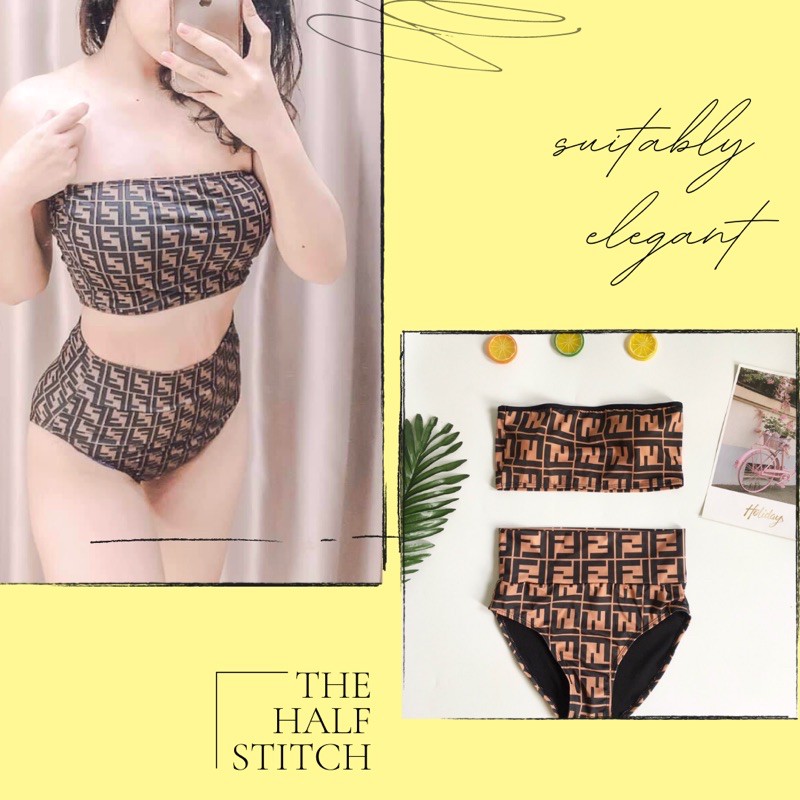 Bikini hai mảnh lưng cao che bụng sọc thổ cẩm