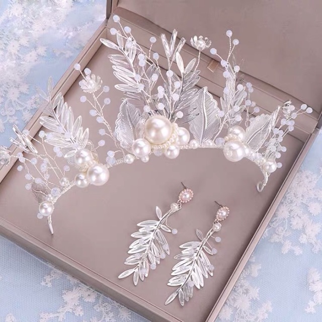 Set vương miện lá mềm kèm bông tai