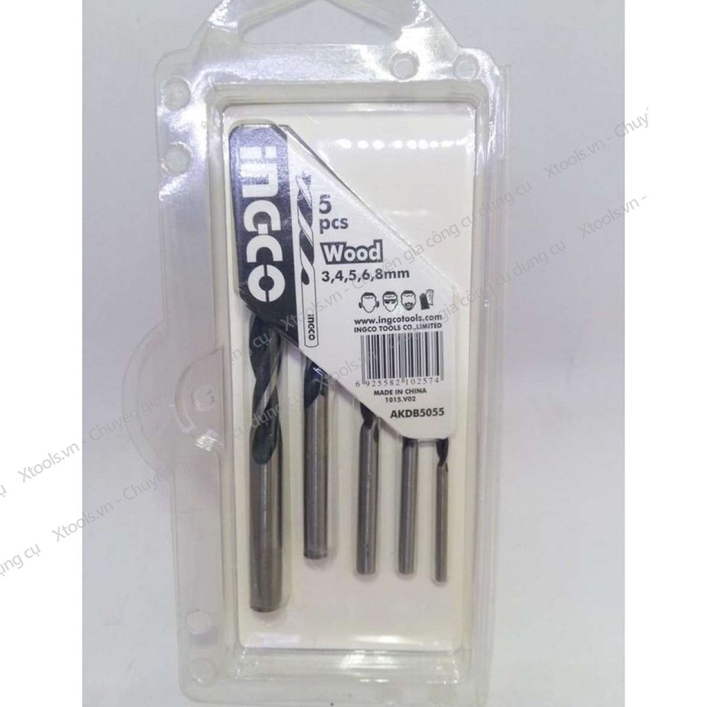 Bộ mũi khoan gỗ đuôi trơn 5 chi tiết INGCO AKDB5055 3-8mm hợp kim siêu cứng, mũi khoan gỗ xoắn ốc đa năng