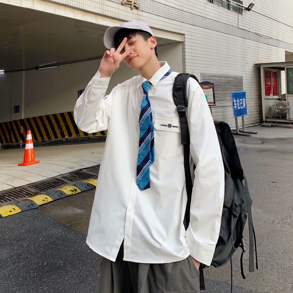 White Long Sleeve Shirt + Men's Fashion Tie Size M-2Xl