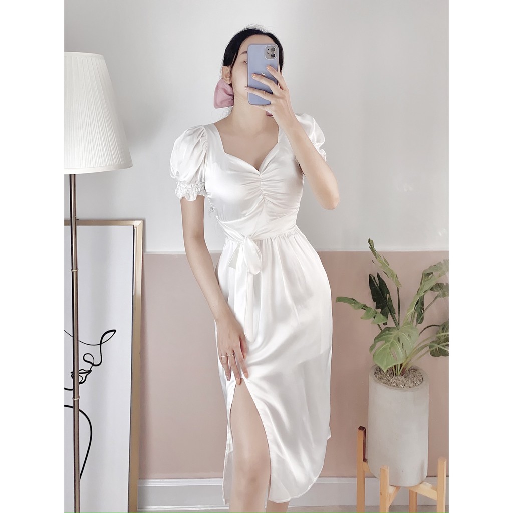 Đầm Lụa Tay nhúng Tiểu Thư Trắng cột eo, cổ tim, váy maxxi, sẻ đùi, đầm qua gối, đầm đẹp, giá rẻ, đầm xòe, tay lở, bo eo | BigBuy360 - bigbuy360.vn