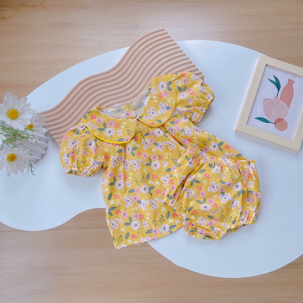 Bộ cộc tay bé gái, Bộ hoa nhí quần chip viền vàng bé gái