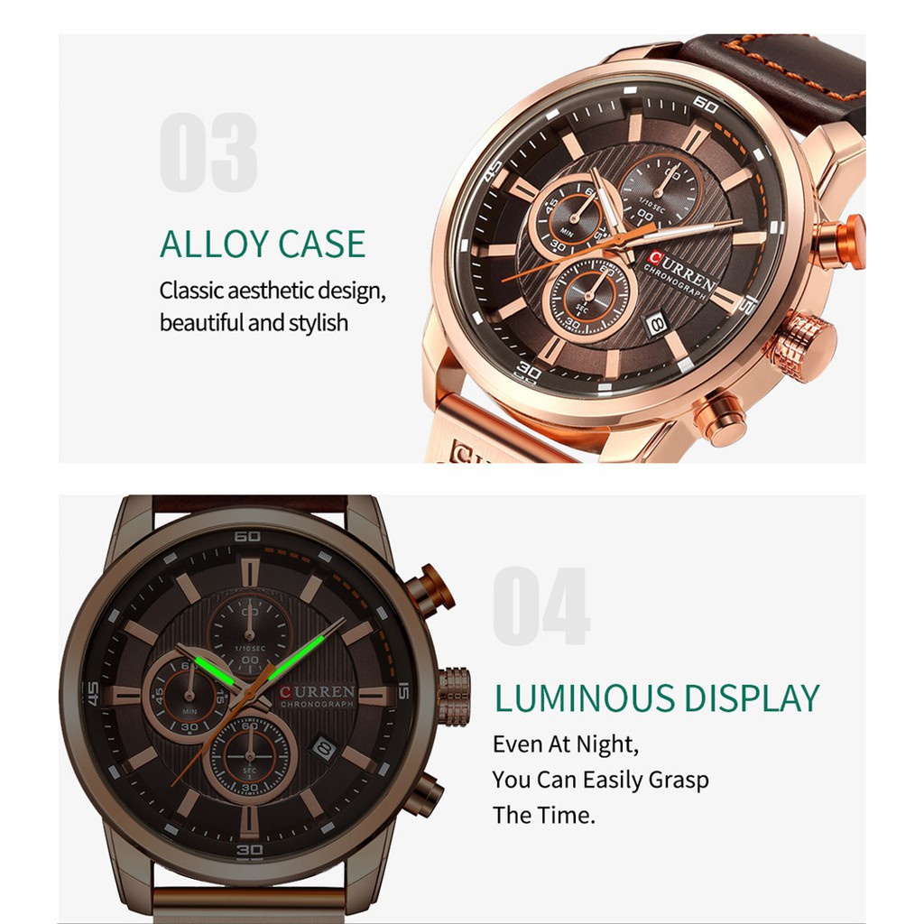 Đồng Hồ Quartz Curren Trang Trí Chữ Chronograph Với Dây Đeo Da 8291