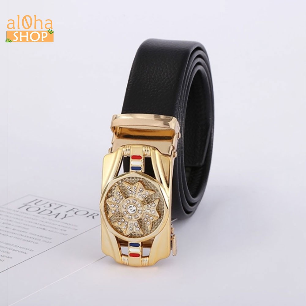 Thắt lưng da nam cao cấp mặt chữ nhật đính đá xoay 360, khoá tự động phong cách sang trọng, lịch lãm