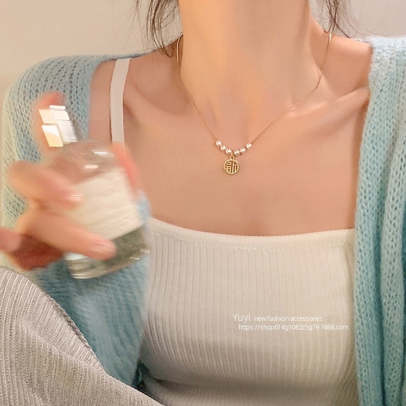 Vòng cổ Thép Titan Đính Ngọc Trai Nhân Tạo Thời Trang Phong Cách Hàn Quốc