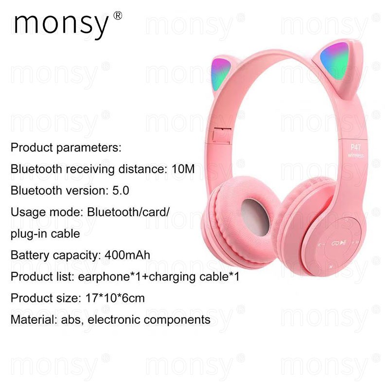 Tai Nghe Bluetooth Không Dây P47M Hình Tai Mèo Có Đèn LED