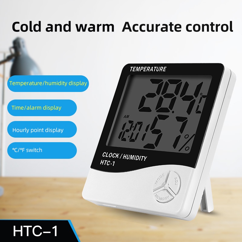 Nhiệt ẩm kế điện tử HTC-2 màn hình LCD, đồng hồ đo độ ẩm phòng, có đầu dò nhiệt độ ngoài trời