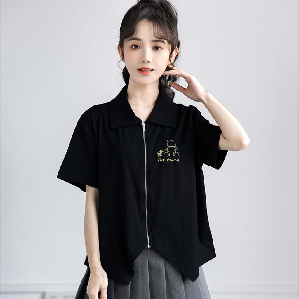 Áo polo nữ OKIMAC tay lỡ chất cotton khoá kim loại in logo Panda phong cách trẻ trung sang trọng thời trang nữ