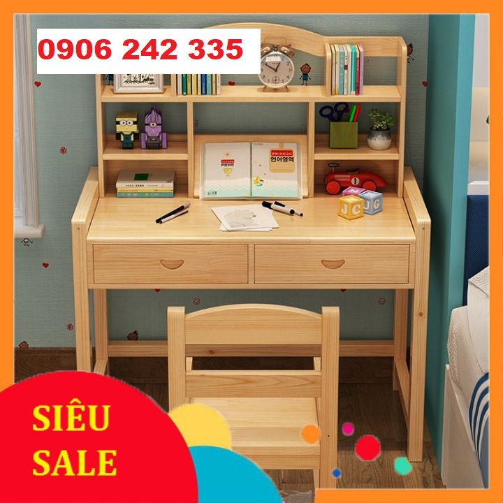 Bàn Học Có Ngăn Giá Sách Kèm Ghế Chất Liệu Gỗ Thông Nhập Khẩu Cho Bé Kích Thước 100*50*75cm