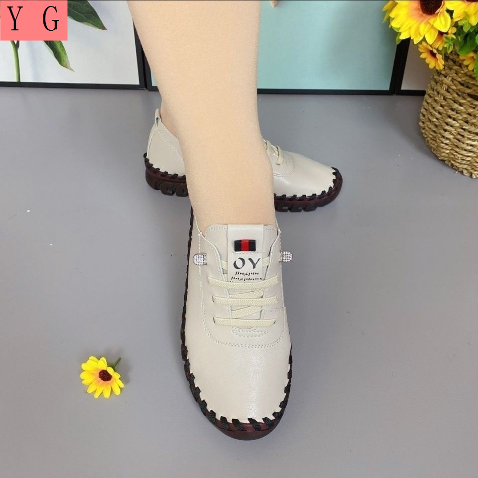 Giày Da Thật Đế Mềm Buộc Dây Bản Rộng Thoải Mái Cho Nữ Trung Niên