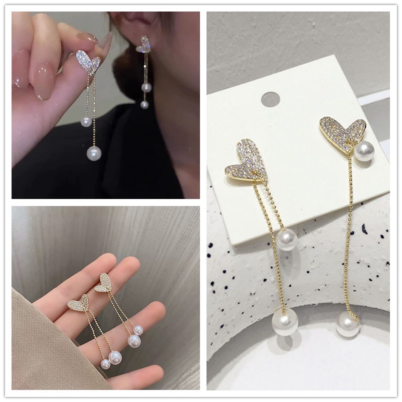 Bông Tai Mạ Bạc 925 Hình Trái Tim Đính Ngọc Trai Thời Trang Cho Nữ