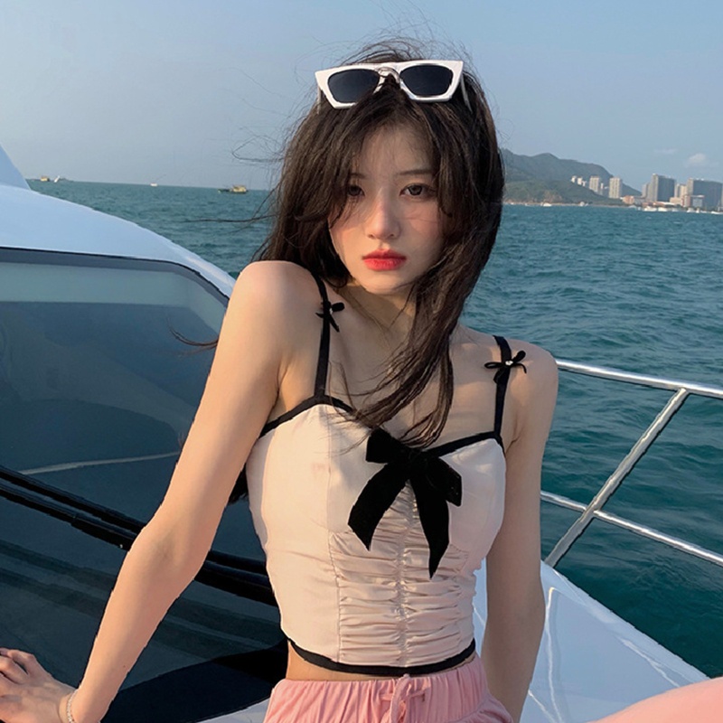 Áo Croptop Hai Dây Cổ Chữ V Thắt Nơ Màu Sắc Tương Phản Chất Liệu Nhung Thời Trang Mùa Hè Cho Nữ