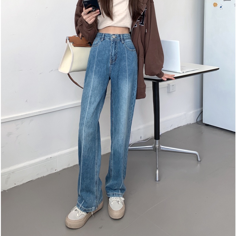 Quần jean ống rộng lưng cao kiểu dáng đơn giản hợp thời trang
