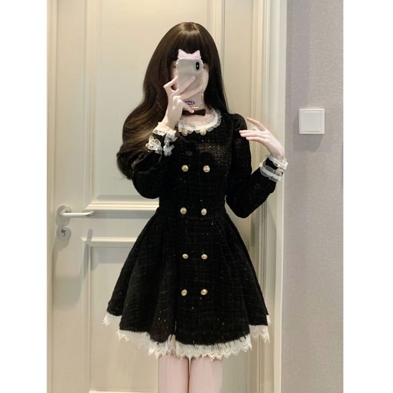 🌷váy babydoll  chân váy chữ a Xiaoxiang Đầm Ngắn Mùa Thu Hai Hàng Nút Cài Tay Dài Phối Màu Tương Phản Phong Cách Mới Cho Nữ