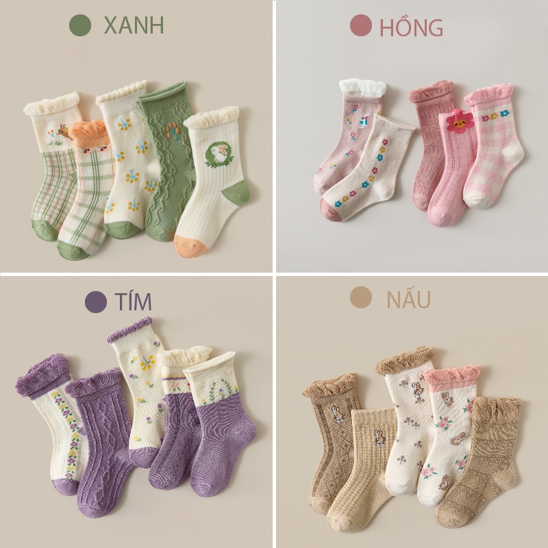 Tất cho bé, set 5 đôi vớ cao cổ dành cho bé gái từ 1- 8 tuổi cao cấp chất liệu cotton nhiều hình dễ thương COLOR KIDS.