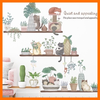 Decal dán tường kệ cây và mèo phong cách hàn quốc