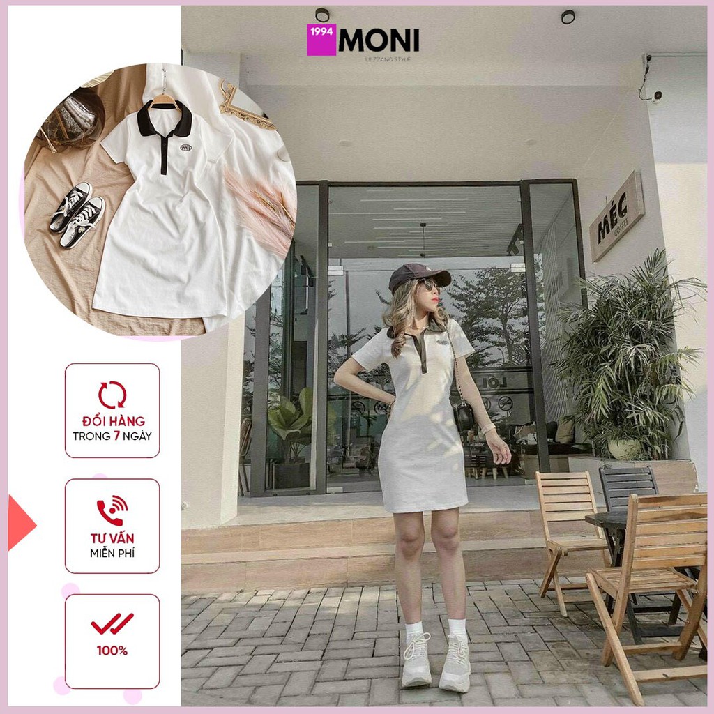 Đầm thun ôm suông trắng cổ polo xanh có thêu logo D3