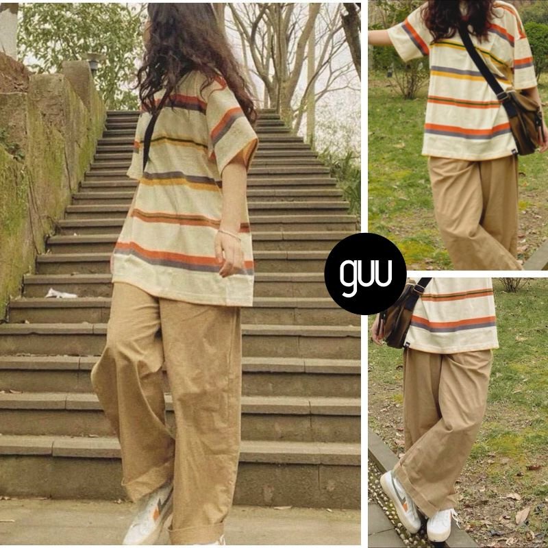 Set áo thun kẻ GUU bộ áo phông tay lỡ form rộng unisex phối với quần kaki dáng suông phong cách Ulzzang năng động, cá tí